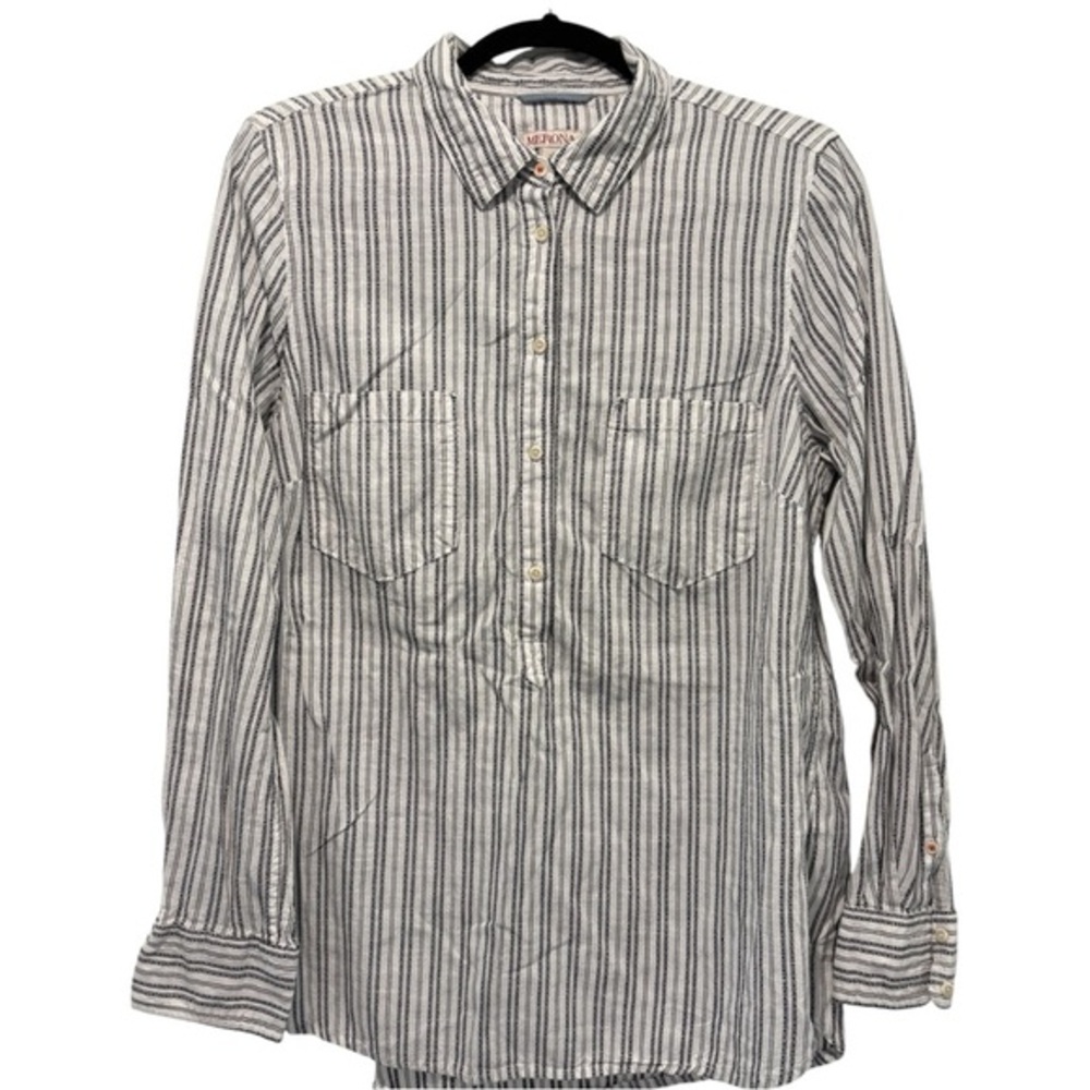 Cotton Popover Striped Button-Up Collared Shirt with Two Front Pockets